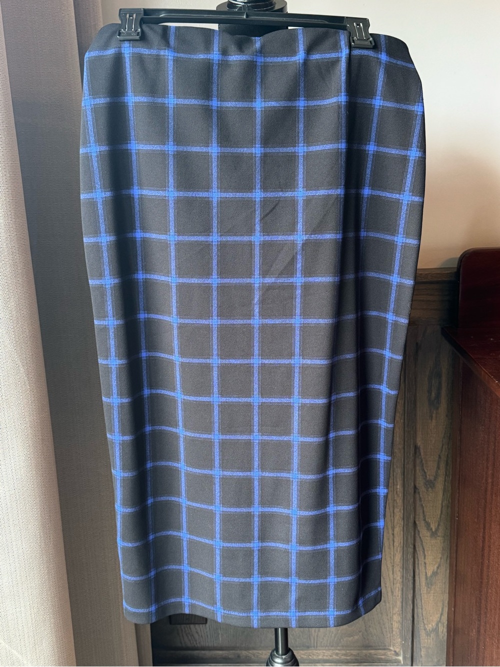 Old Navy Black Midi split pencil Skirt with Blue Windowpane Grid M - Picture 2 of 5